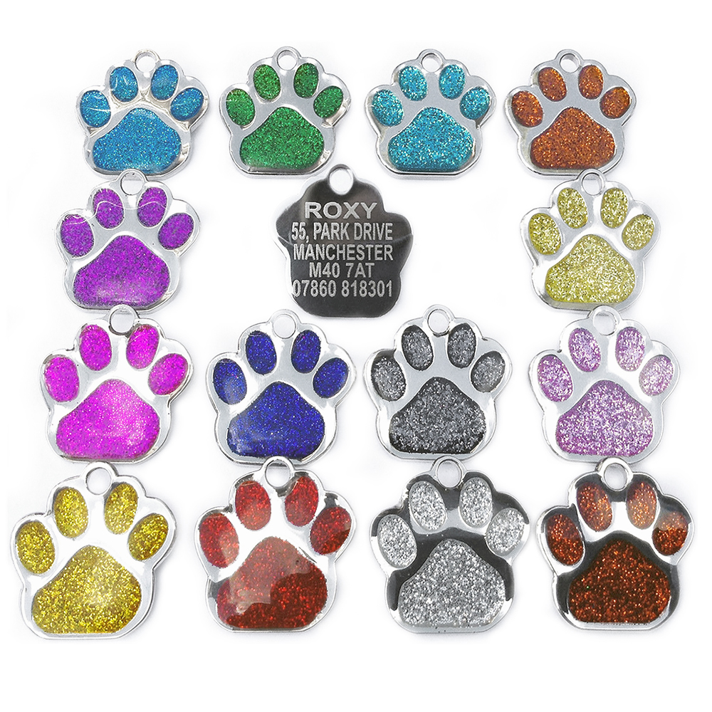 Duża adresówka dla psa emaliowana z brokatem łapka w kształcie łapki łapa w kształcie łapy wybór koloru dla dużego psa cm metalowa z metalu do grawerowania błyszcząca
