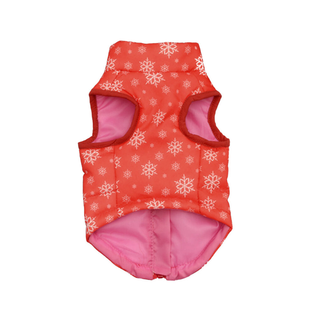 Kurtka dla psa dla kota kurteczka zapinana na grzbiecie z możliwością przypięcia smyczy na zamek w śnieżynki czerwona ciepła pluszowa mały pies