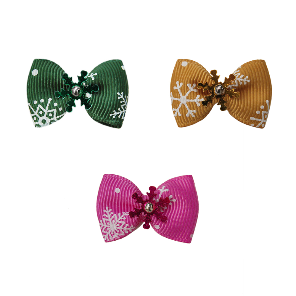 Świąteczne kokardki małe dla szczeniąt różowa złota zielona kokardka w śnieżynki cekiny zimowa na zimę na Święta na profesjonalnych gumkach groomerskie róż złoto zieleń
