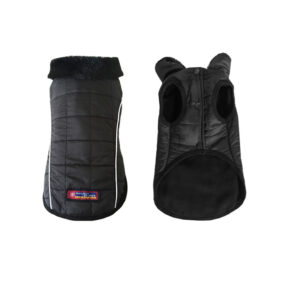 Ciepła zimowa czarna kurtka kurteczka dla psa pieska małego z softflauszu z poliestru nieprzemakalna rozpinana podszewka flauszowa z flauszu miękka z odblaskowymi lamówkami elegancka z futerkiem