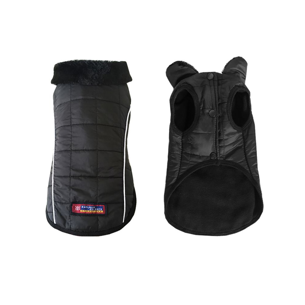 Ciepła zimowa czarna kurtka kurteczka dla psa pieska małego z softflauszu z poliestru nieprzemakalna rozpinana podszewka flauszowa z flauszu miękka z odblaskowymi lamówkami elegancka z futerkiem