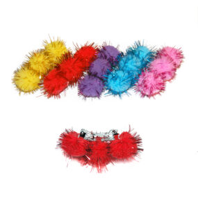 Duża spinka dla psa dla pieska spineczka z pomponami kolorowe czerwone żółte błękitne fioletowe różowe zabawna śmieszna sylwestrowa pomponiki na spince metalowej filcowe żywe nasycone kolory