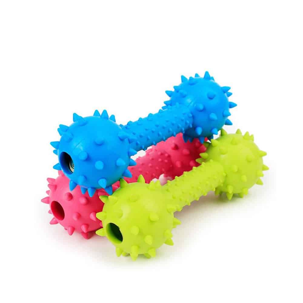 Hantel z dzwonkami, hantelek, pełny, z dzwoneczkami, hantel, dla psa, z kolcami, TPR, nietoksyczna guma, bezpieczna, zabawka dla pieska, dla średniego psa, różowy, niebieski, zielony