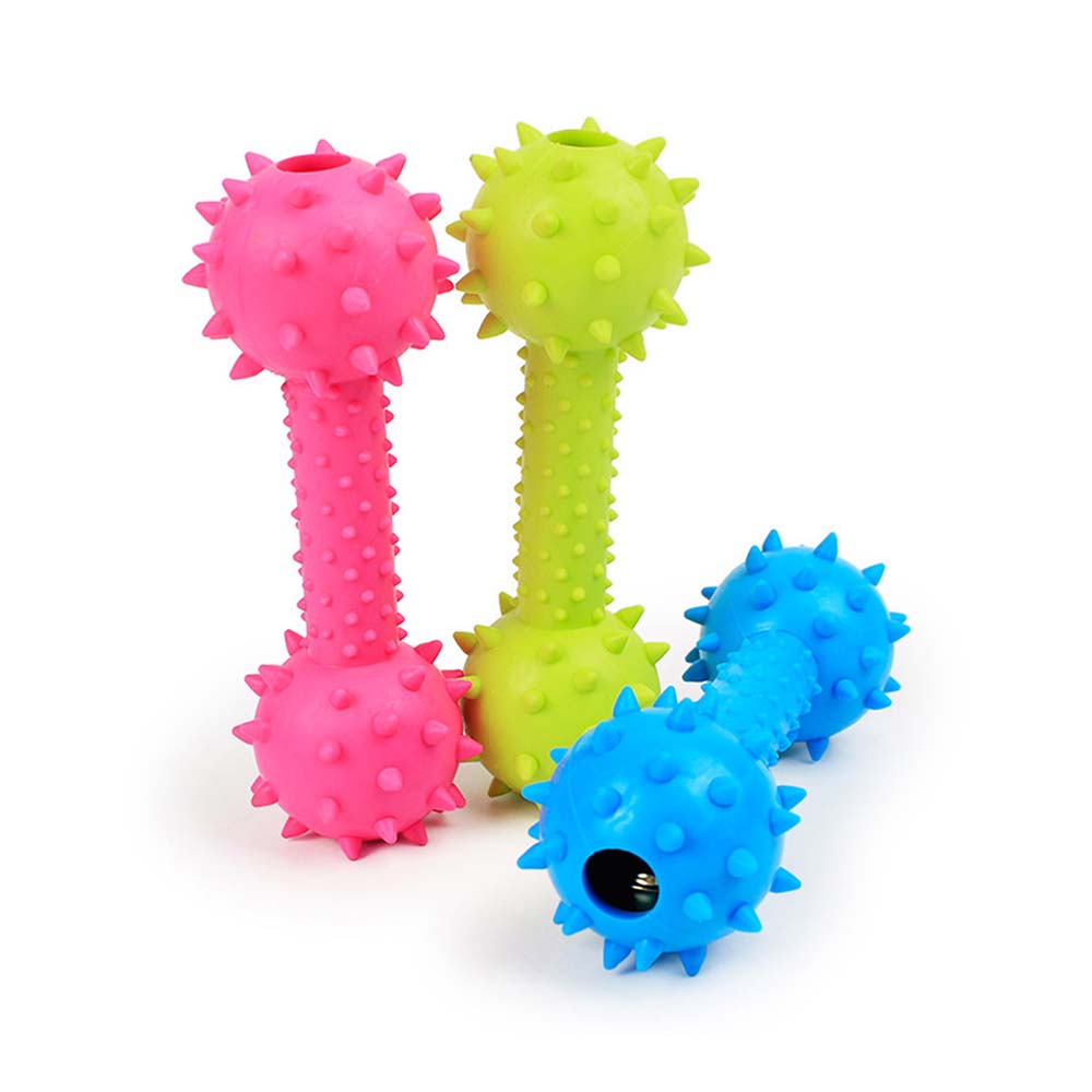 Hantel z dzwonkami, hantelek, pełny, z dzwoneczkami, hantel dla psa, z wypustkami, TPR, nietoksyczna guma, bezpieczna, zabawka dla pieska, dla średniego psa, różowy, niebieski, zielony