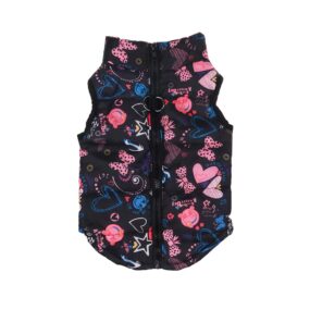 Kurtka dla psa z przypięciem na smycz graffiti, Kurtka graffiti, bezrękawnik dla psa, dla kota, kurtka dla psa z zapięciem na smycz, czarny w różowe niebieskie kolorowe wzory, fajna, z zapięciem na plecach, zamek na grzbiecie, z możliwością przypięcia smyczy, wodoodporna, tania, niedroga