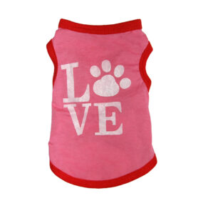 Słodziutka różowa koszulka dla psa kota z napisem z nadrukiem LOVE z łapką brokat brokatowym napisem łapka czerwoną lamówką śliczna York ubranko ubranie maltańczyk