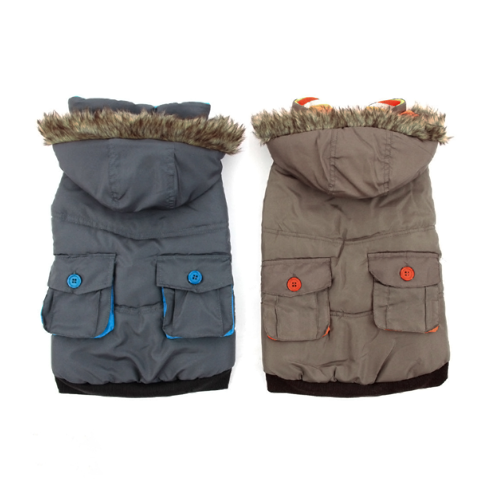 Śliczna kurtka kurteczka psa dla piseka mopsa buldożka francuskiego stalowa khaki ciemnoszara brązowa z kolorowymi guzikami wstawkami z odpinanym kapturem rozpinana ocieplana na napy z polarową