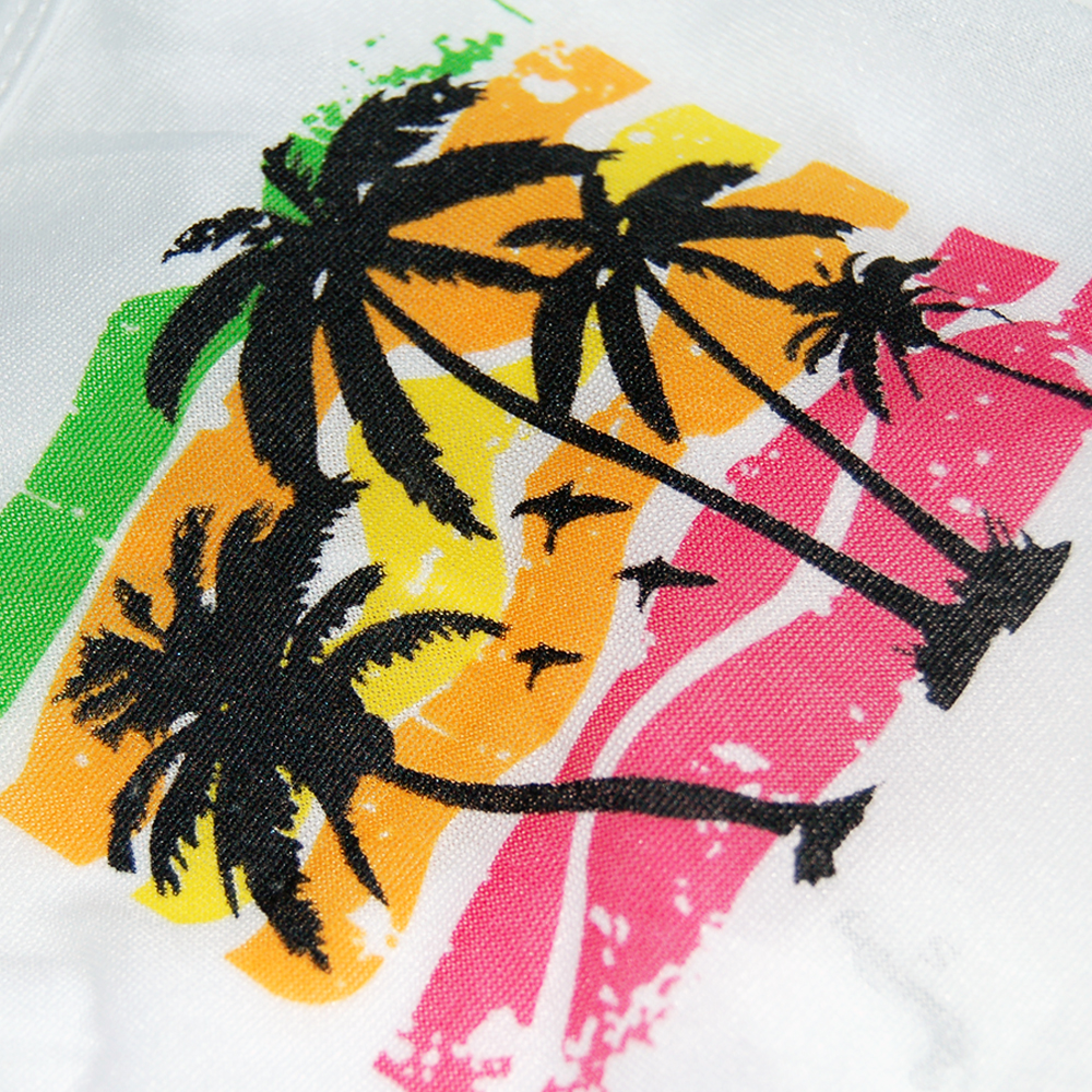 Koszulka bokserka dla psa nadruk palmy palemki biała wakacyjna z siateczki cieniutka fajna luzacka graffiti modny pies śliczna