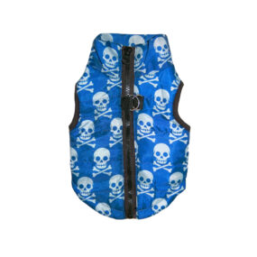 Kurtka bezrękawnik dla psa dla kota niebieski ciemny w czaszki białe wzory fajna z zapięciem na plecach zamek na grzbiecie z możliwością przypięcia smyczy wodoodporna tania niedroga