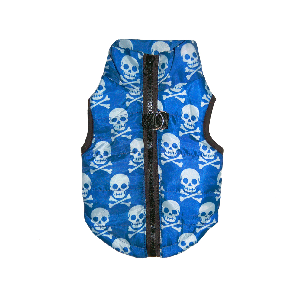Kurtka bezrękawnik dla psa dla kota niebieski ciemny w czaszki białe wzory fajna z zapięciem na plecach zamek na grzbiecie z możliwością przypięcia smyczy wodoodporna tania niedroga