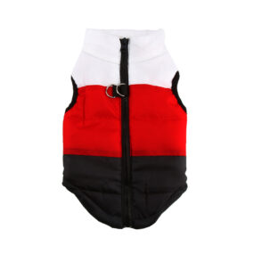 Kurtka zimowa kurteczka dla psa w pasy biały czerwony czarny elegancka trójkolorowa z zapięciem do smyczy wypełniona pluszem na zimę ciepła dla pieska psiaka szczenięcia