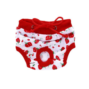 Majtki na cieczkę w truskawki, higieniczne, w truskawki, białe, majteczki, majtki, w truskaweczki, dla, pieska, psa, suni, suczki, suki, żeby, nie brudziła domu podczas cieczki, z, wycięciem na, ogon, ogonek, ze, sznureczkiem, ściągaczem