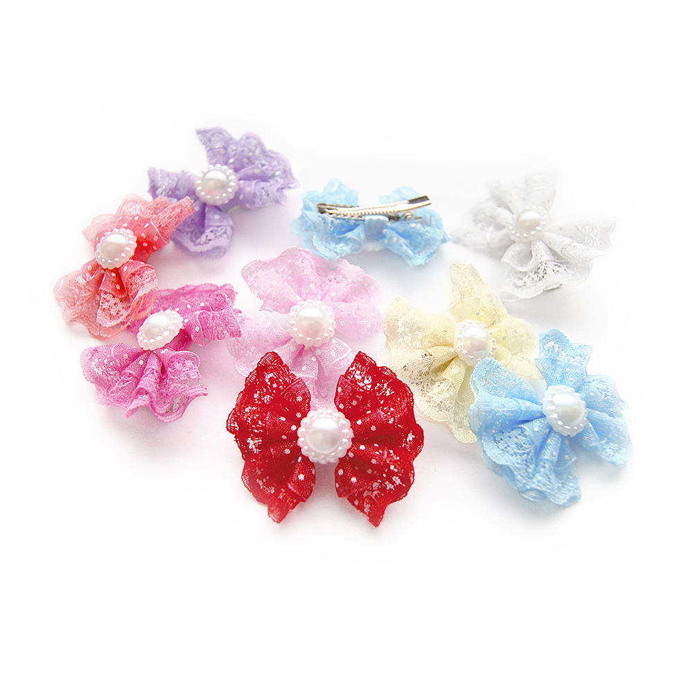 Kokardki z koronki na spinkach cm spinka krokodylek perełka w kropeczki czerwona fioletowa niebieska