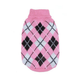 Jasnoróżowy sweterek różowy bladoróżowy swetr golf ubranko dla psa pieska w romby białe i czarne elegancki dla małego pieska kotka kota rozmiar XS