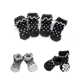 Skarpetki antypoślizgowe dla psa pieska kota kotka mocno podgumowane porządnie czarne w białe kropki w groszki z falbanką lanle rozmiar S