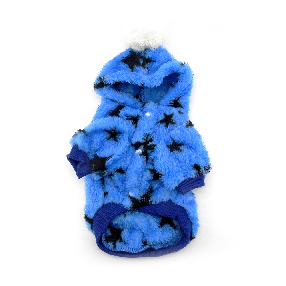 Aksamitna bluza dla psa mięciutka cieplutka włochata delikatna futrzasta sztuczne futerko w gwiazdki słodka z kapturem dla westa sznaucera yorka buldożka francuskiego niebieska fajna