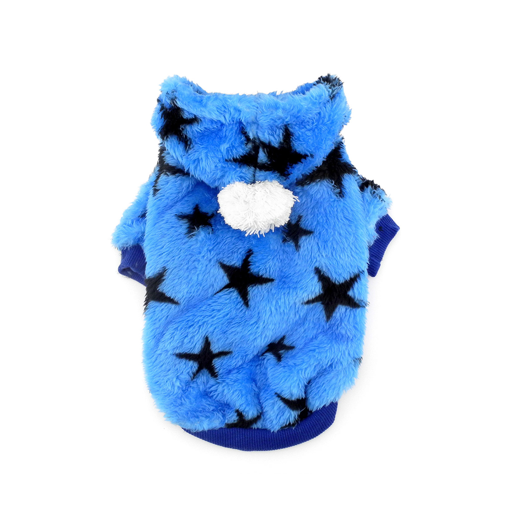 Aksamitna bluza dla psa mięciutka cieplutka włochata delikatna futrzasta sztuczne futerko w gwiazdki słodka z kapturem dla westa sznaucera yorka buldożka francuskiego niebieska