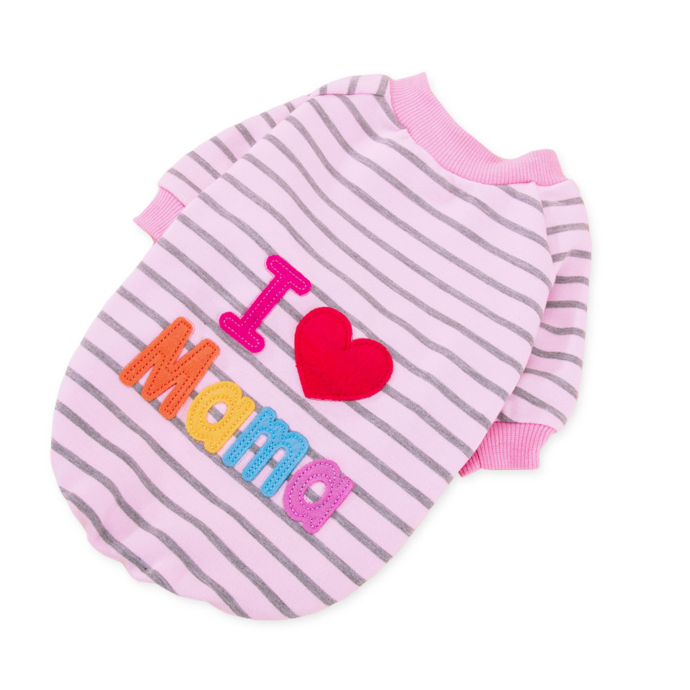 Bluza dla psa I love mama, bluza kocham moją mamę, bluzka z rękawkiem dla większego pieska, fajne ubranko dla kota z napisem i sercem, różowe w szare paseczki