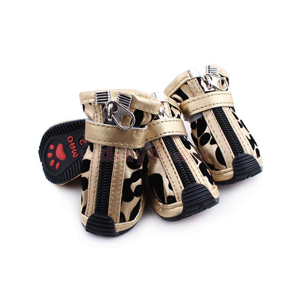 Buty dla psa dla yorka chihuachuy pinczerka malutkie rozmiar XXS złote lamparcie centki leopard rozpinane z zamkiem na zameczek z ściągaczem na rzep gumowa podeszwa eleganckie trampki sneakersy