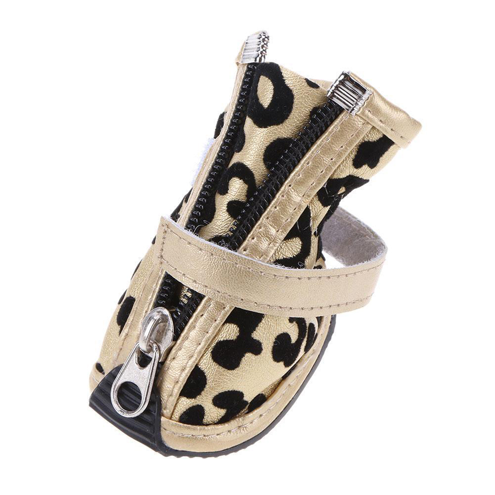 Buty dla psa dla yorka chihuachuy pinczerka malutkie rozmiar XXS złote w panterkę lamparcie centki leopard rozpinane z zamkiem na zameczek z ściągaczem na rzep gumowa podeszwa porządne eleganckie