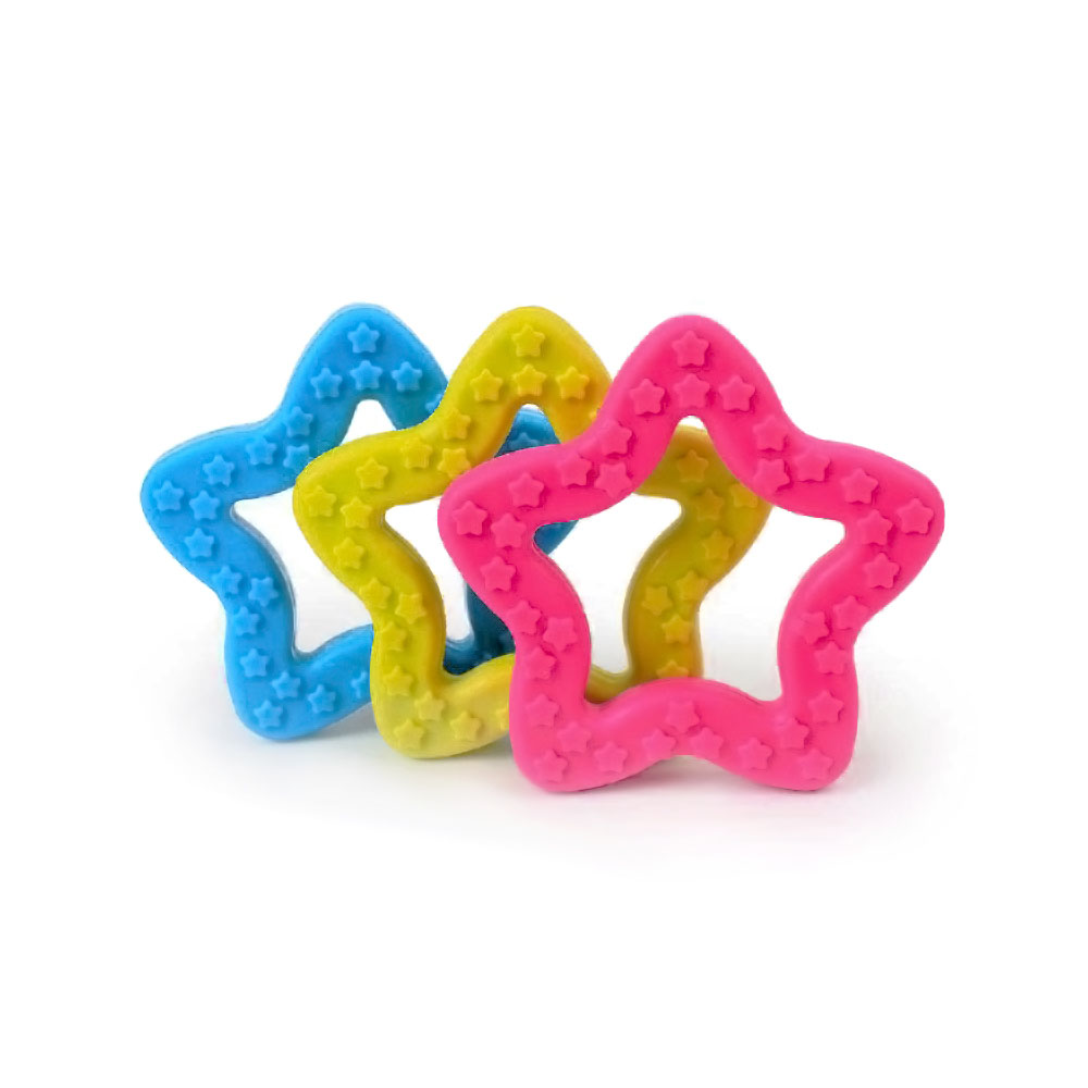 Gryzak gwiazdka, TPR, Thermal plastic rubber, w kształcie gwiazdki, nietoksyczny, mały, oryginalna zabawka, dla małego pieska, 8cm, ring, gwiazdka, niebieska, żółtozielona, nasycony róż, fuksja