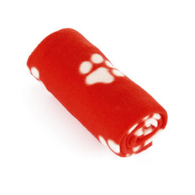 Czerwony kocyk dla pieska koc dla psa wzór w łapki ze wzorem w łapki mały dla yorka maltańczyka szpica cziłałki