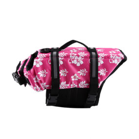 Kamizelka ratunkowa dla psa różowa hawajskie moro w kwiatki z odblaskowymi pasami odblask z rączką fuksja rozmiar XS