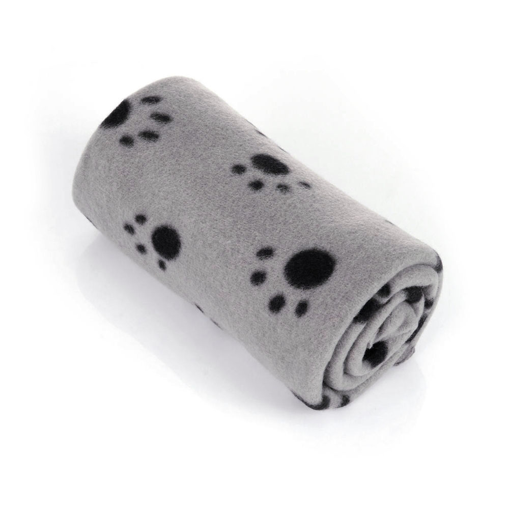 Szary koc polarowy w łapki 60x70, kocyk w czarne łapki dla psa, koc dla kota