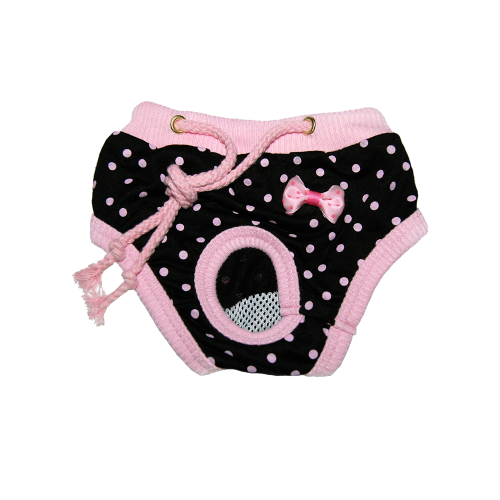 Majtki na cieczkę czarnwe w kropki groszki różowe majteczki majtki z kokardką dla pieska psa suni suczki suki żeby nie brudziła domu podczas cieczki z wycięciem na ogon ogonek ze sznureczkiem