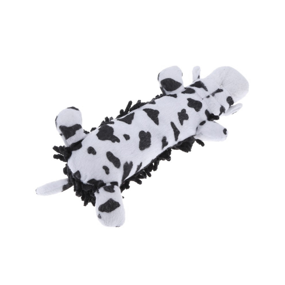 Zabawka pluszak pluszowa dla psa maskotka z frędzelkami jak mop biało czarna z łatkami krówka krowa piszcząca z piszczałką śliczna fajna śmieszna