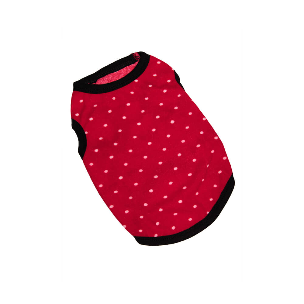 Cieniutki polar czerwony w białe groszki kropki kropeczki z czarną lamówką bez rękawków cieńki na wiosnę jesień ubranko dla yorka shih tzu maltańczyka