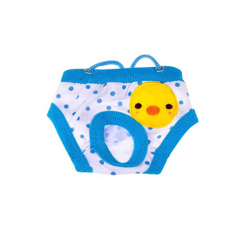 Majtki higieniczne w kropki groszki białe w niebieskie grochy majteczki majtki z kurczaczkiem dla pieska psa suni suczki suki żeby nie brudziła domu podczas cieczki z wycięciem na ogon ogonek ze sznurecz
