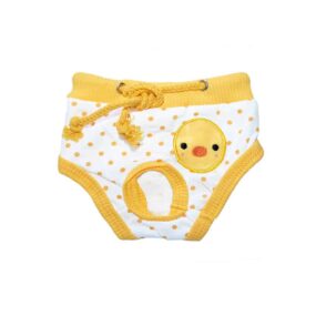Majtki higieniczne w kropki groszki białe w żółte grochy majteczki z kurczaczkiem dla pieska psa suni suczki suki żeby nie brudziła domu podczas cieczki z wycięciem na ogon ogonek ze sznu