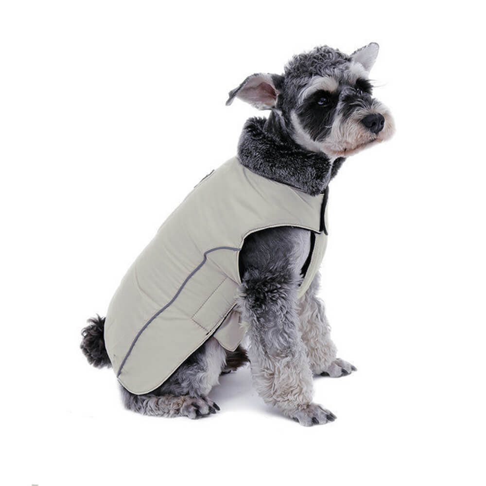 Derka dla psa z odblaskowymi lamówkami kość słoniowa ocieplana z zamkiem na szelki zapinana na rzep Pawz Road dla sznaucera spaniela jamnika foxteriera