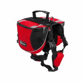 Plecak z szelkami dla psa na wyprawy na biwak w góry plecak dla psa czerwono czarny z odblaskami odblaskowe taśmy i lamówki bezstopniowa regulacja rozmiar S M L dla średnich i dużych psów