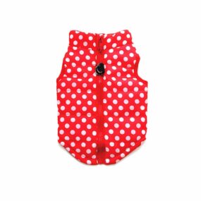 Kurtka dla psa czerwona w grochy, kurteczka, kamizelka dla psa, dla kota, ubranie zapinane na grzbiecie, z możliwością przypięcia do smyczy, na zamek błyskawiczny, w kropki, dla maltańczyka, przeciwdeszczowa