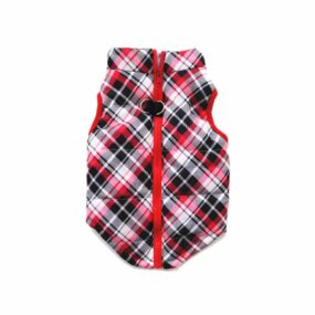 Kurtka z przypięciem na smycz dla psa w kratkę, Kurtka kamizelka dla psa dla kota kurteczka zapinana na grzbiecie z możliwością przypięcia smyczy na zamek w kratkę kratę czerwona ciepła pluszowa mały pies