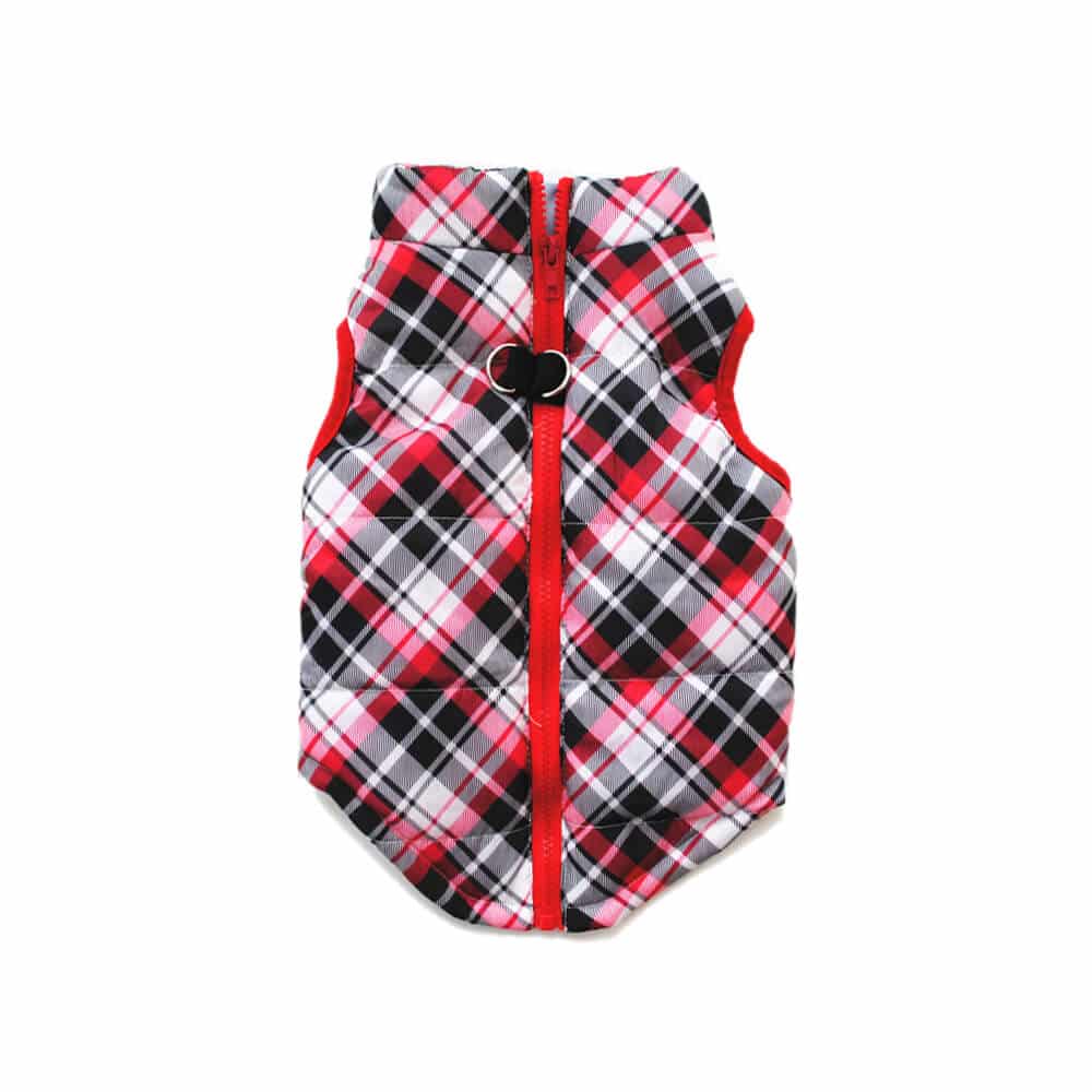 Kurtka z przypięciem na smycz dla psa w kratkę, Kurtka kamizelka dla psa dla kota kurteczka zapinana na grzbiecie z możliwością przypięcia smyczy na zamek w kratkę kratę czerwona ciepła pluszowa mały pies