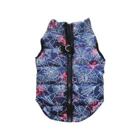 Kurtka dla psa z zapięciem na smycz, Kurtka kamizelka dla psa dla kota kurteczka zapinana na grzbiecie z możliwością przypięcia smyczy na zamek granatowa pajęczyny ciepła pluszowa mały pies