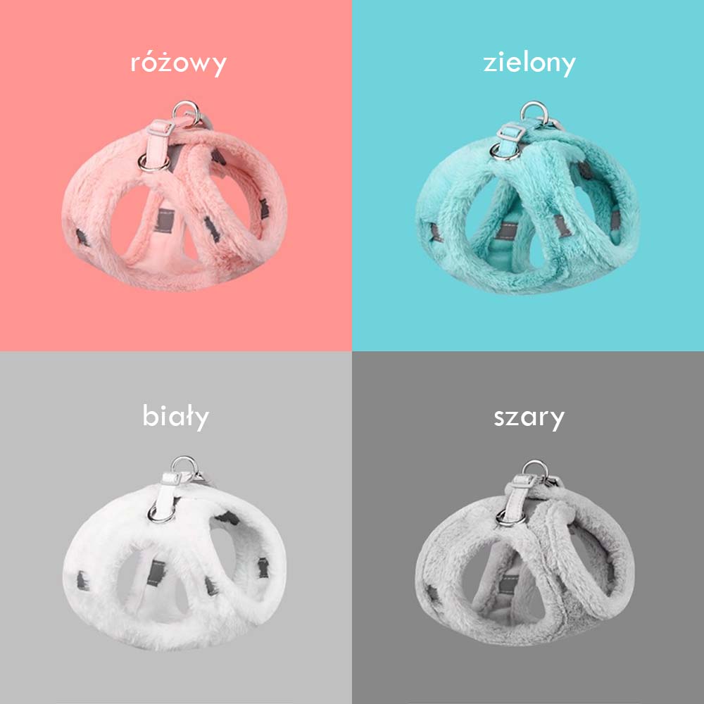 Szelki ocieplane futerkiem szelki ze smycza cieple imitacja futra krolika dla psa kota szare biale rozowe zielone