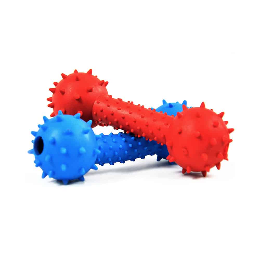 Hantel z dzwonkiem i wypustkami Pet Nova Zabawka dla psa Dental aromat wolowina czerwony niebieski cm