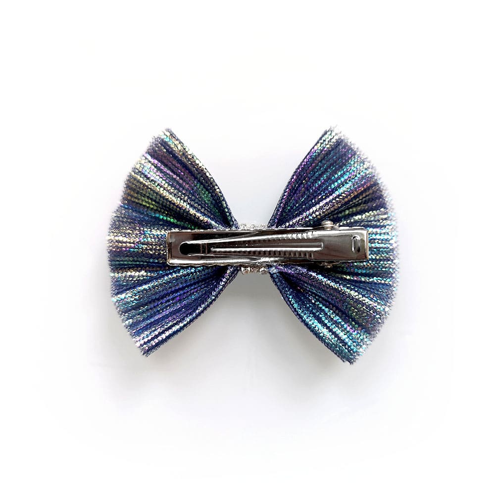 Kokardka tiulowa z cyrkoniami 5 cm, ozdoba na wystawę, spinka z tiulu, spineczka z tęczowym połyskiem