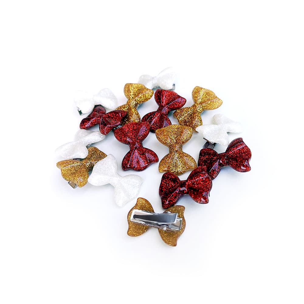 Spinka kokardka z brokatem 29 mm, błyszcząca spineczka, efektowna, z drobinkami brokatu, złota, czerwona, biała