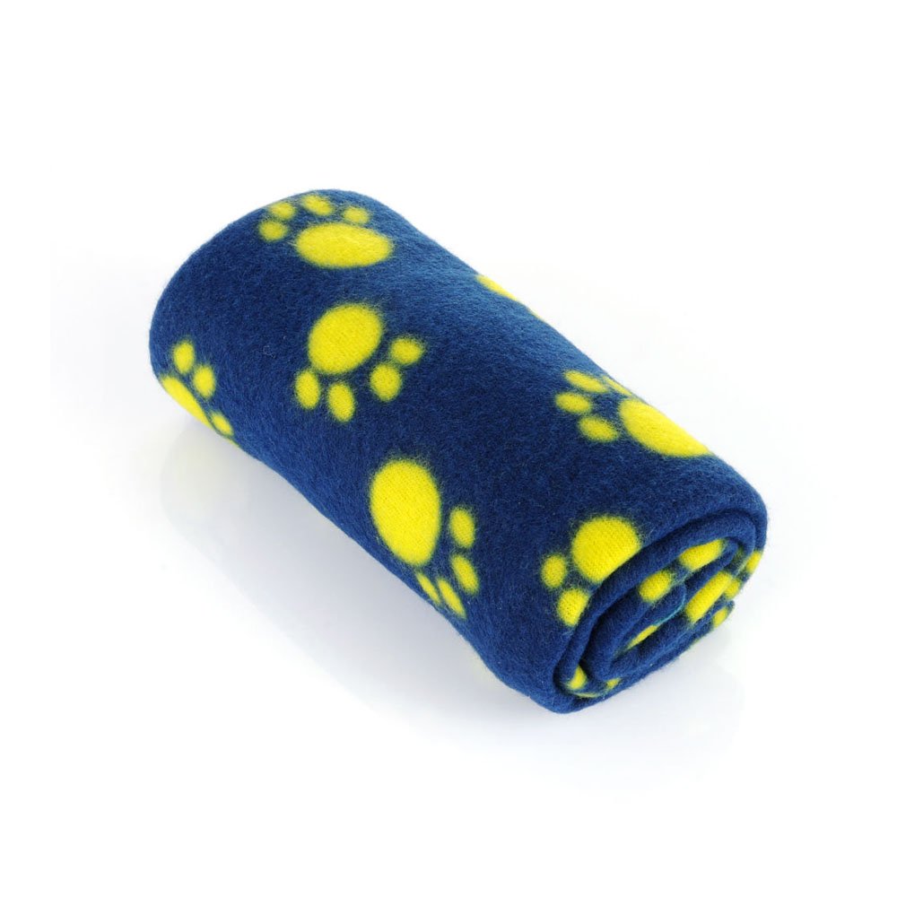 Granatowy koc z polaru w łapki, kocyk dla psiaka w żółte łapy, koc dla kotka
