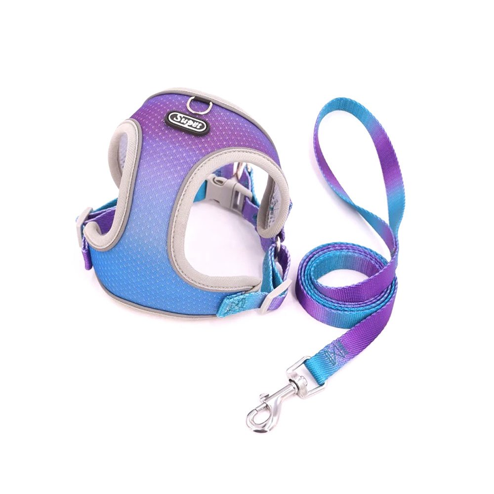 Szelki no pull ombre niebieskofioletowy z odblaskiem + smycz, tęczowe szelki dla małego psa, zestaw szelki ze smyczą