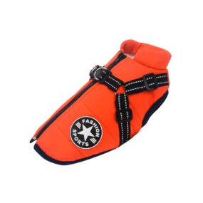 Kurtka dla psa z szelkami FASHION SPORTS, jaskrawy czerwony, czerwonopomarańczowa kurteczka z możliwością przypięcia smyczy, zimowe ubranie dla psa z wszytymi szelkami