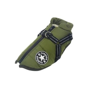 Kurtka z szelkami dla psa Fashion Sports, zielona kurteczka z możliwością przypięcia smyczy, zimowe ubranie dla psa z wszytymi szelkami