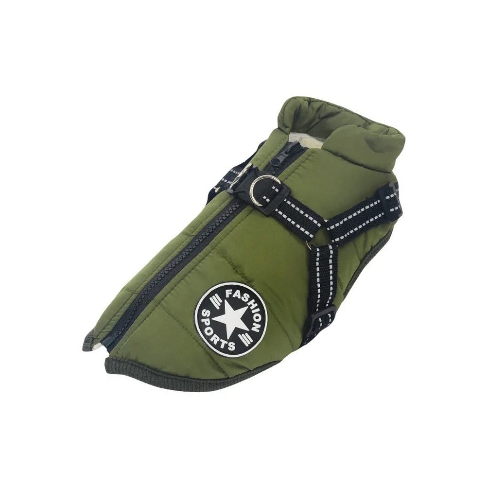 Kurtka z szelkami dla psa Fashion Sports, zielona kurteczka z możliwością przypięcia smyczy, zimowe ubranie dla psa z wszytymi szelkami