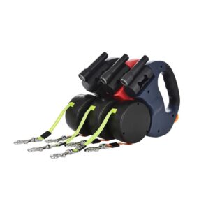 Smycz automatyczna dla dwóch psów 3m, taśmowa smycz odblaskowa, Podwójna smycz automatyczna, smycz z latarką i kupopojemnikiem, czarny, czerwony, granatowy