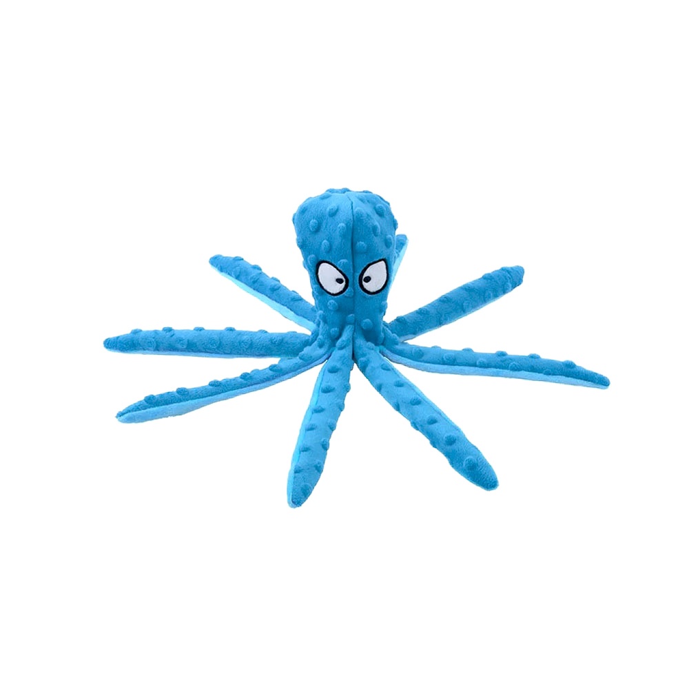 Piszcząca zabawka dla psa ośmiornica, zabawka z piszczałką, pluszowa bez wypełnienia, pluszak dla pieska, szeleści, piszczy i szeleści, bezpieczna, niebieska